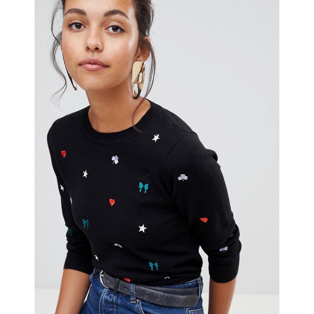 Oasis Embroidered Crew Neck Sweater in Black